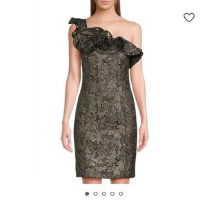 Ungaro Fever Olive Green Metallic One-Shoulder Lace Dress